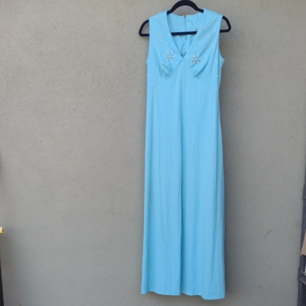 Vintage Turquoise Sleeveless V-neck Maxi Dress Large - Picture 2 of 7